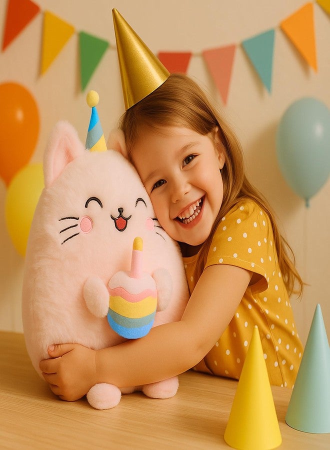 WEIGEDU Adorable Pink Birthday Cat Plush Toy Pillow with Party Hat & Birthday Cake - Soft, Huggable, for Kids and Collectors, 15.75 inches - Image 4